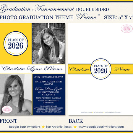Modern Photo Graduation Announcement Party Yellow Navy Blue 20222 2023 2024 Boogie Bear Invitations Perino Theme Paperless Printable Printed