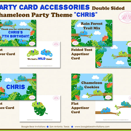 Chameleon Birthday Party Favor Card Appetizer Food Folded Tent Rain Forest Amazon Jungle Wild Boogie Bear Invitations Chris Theme Printed