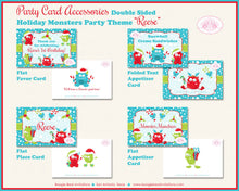 Load image into Gallery viewer, Christmas Monsters Birthday Party Favor Card Appetizer Food Tag Folded Tent Winter Snow Red Blue Boogie Bear Invitations Reese Theme Printed