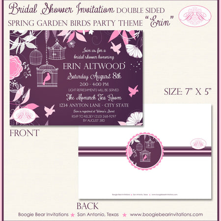 Bird Flower Garden Bridal Shower Invitation Pink Spring Purple Birdcage Cage Boogie Bear Invitations Erin Theme Paperless Printable Printed