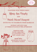 Load image into Gallery viewer, Mason Jars Wedding Invitation Birthday Party Country Red Burlap White Boogie Bear Invitations Murphy Theme Paperless Printable Printed