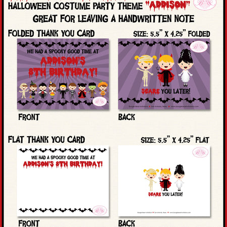 Halloween Birthday Party Thank You Card Costume Contest Boy Girl Retro Trick or Treat Bat Boogie Bear Invitations Addison Theme Printed