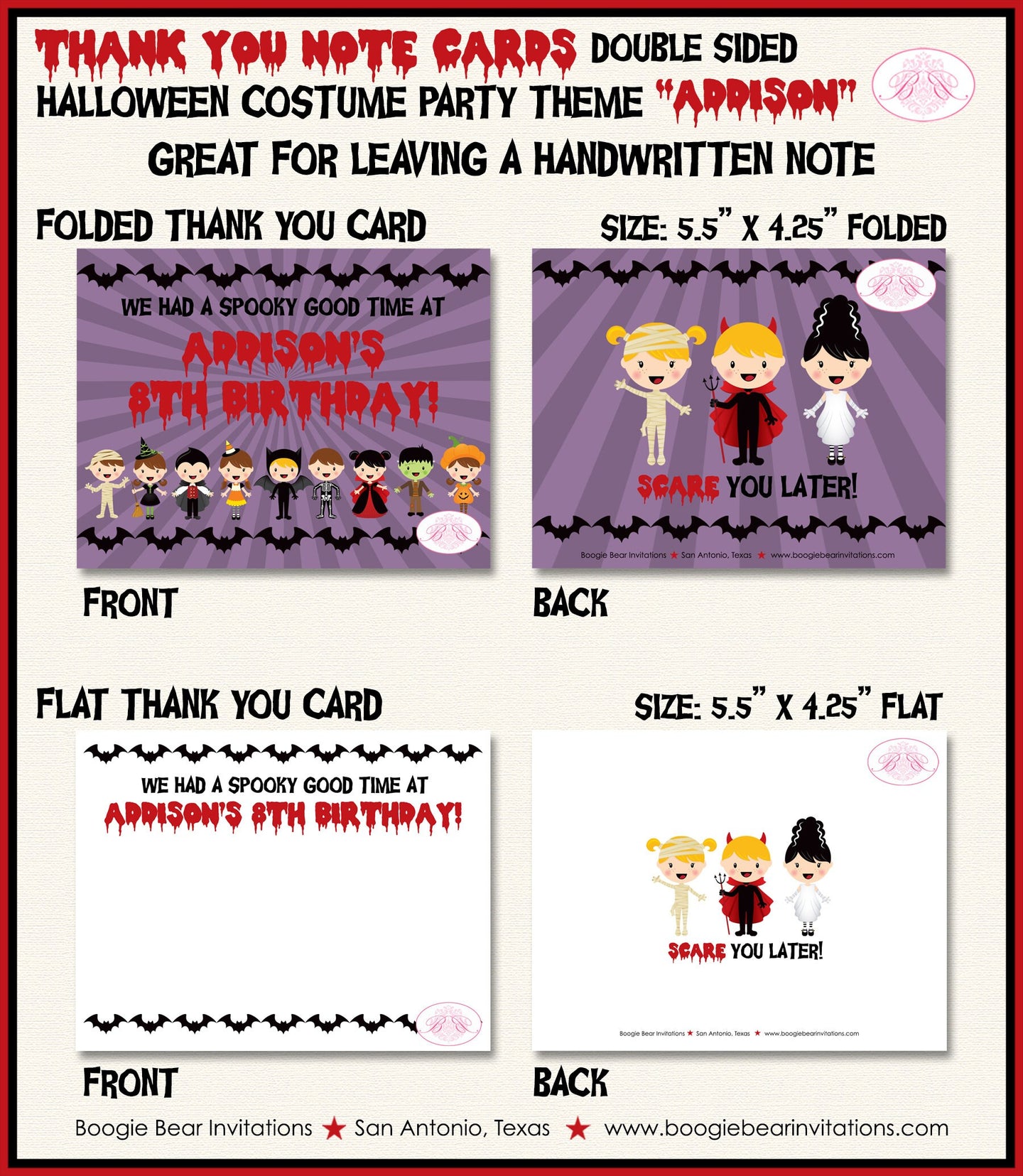 Halloween Birthday Party Thank You Card Costume Contest Boy Girl Retro Trick or Treat Bat Boogie Bear Invitations Addison Theme Printed