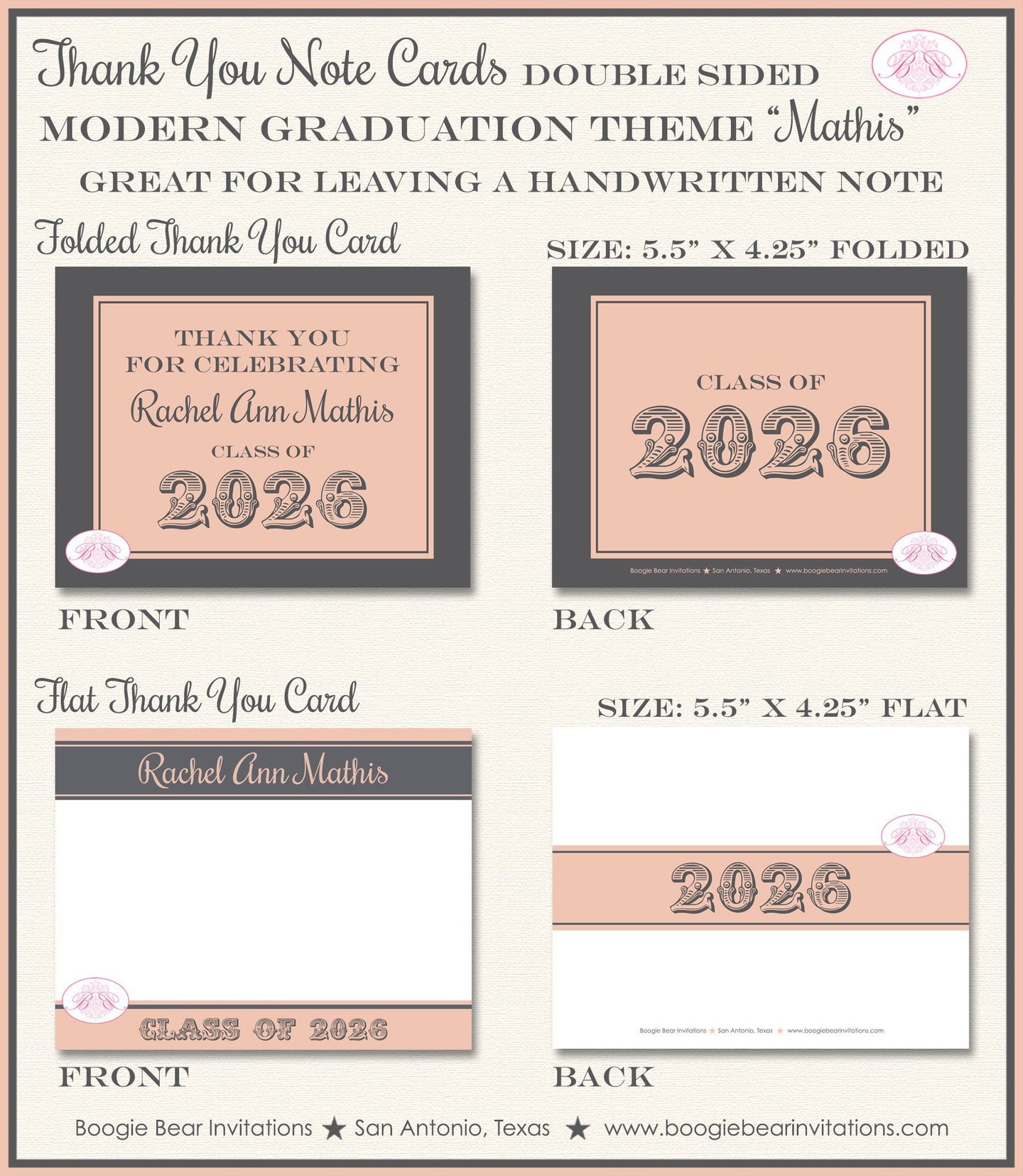 Modern Grey Peach Graduation Thank You Cards High School Note Stripe Orange 2022 2023 2024 2025 Boogie Bear Invitations Mathis Theme Printed