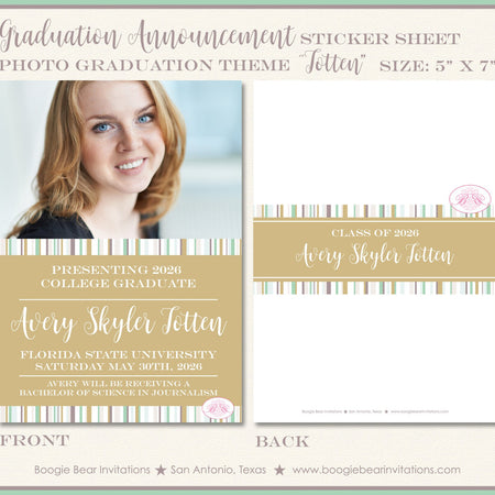 Photo Stripe Graduation Announcement Ribbon Girl Boy 2022 2023 2024 2025 Boogie Bear Invitations Totten Theme Paperless Printable Printed