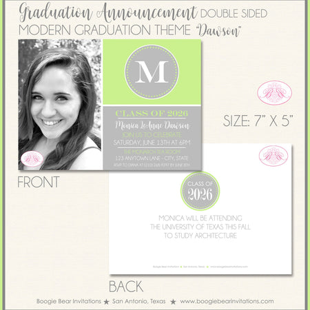 Photo High School College Graduation Announcement Lime Grey 2022 2023 2024 Boogie Bear Invitations Dawson Theme Paperless Printable Printed