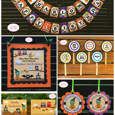 Halloween Owls Birthday Party Package Pastel Boy Girl Pumpkin Spooky Black Woodland Animals Birds Fall Boogie Bear Invitations Harlow Theme