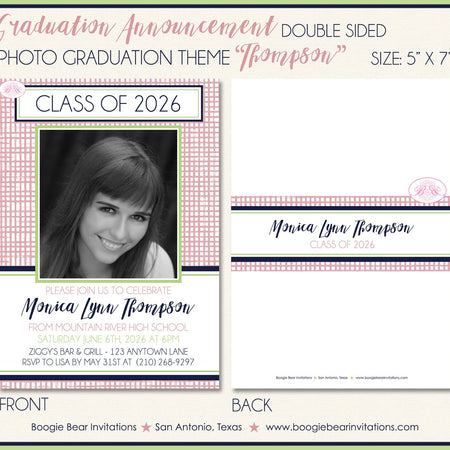 Retro Photo Graduation Announcement Party Girl Lime Pink 2022 2023 2024 Boogie Bear Invitations Thompson Theme Paperless Printable Printed