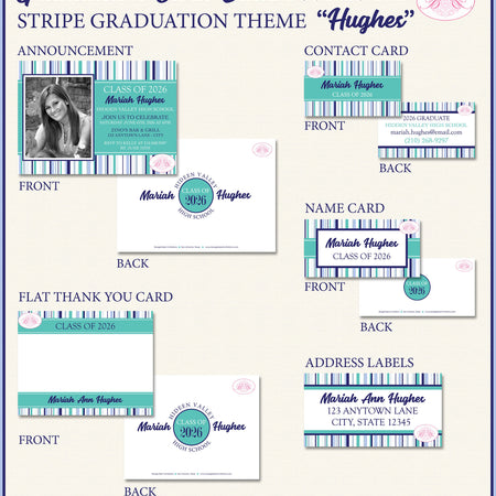 Stripe Photo Graduation Announcement Thank You Contact Name Card Graduate 2022 2023 2024 2025 Boogie Bear Invitations Hughes Theme Printed