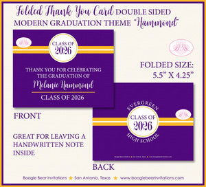 Modern Graduation Thank You Cards High School College Purple Gold 2022 2023 2024 2025 Boogie Bear Invitations Hammond Theme Printed
