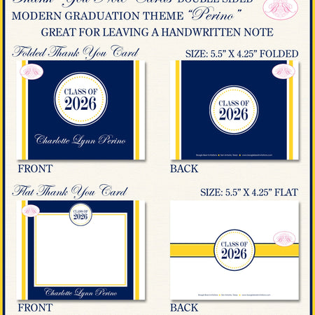 Modern Blue Yellow Graduation Thank You Cards High School College Note Navy 2022 2023 2024 2025 Boogie Bear Invitations Perino Theme Printed