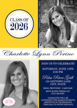 Load image into Gallery viewer, Modern Photo Graduation Announcement Party Yellow Navy Blue 20222 2023 2024 Boogie Bear Invitations Perino Theme Paperless Printable Printed