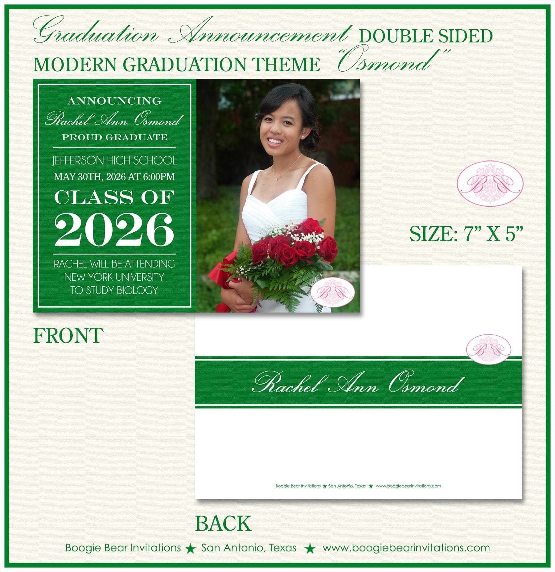 Modern Photo Graduation Announcement Green College Boogie Bear Invitat –  Boogie Bear Invitations, image size:1800x1854