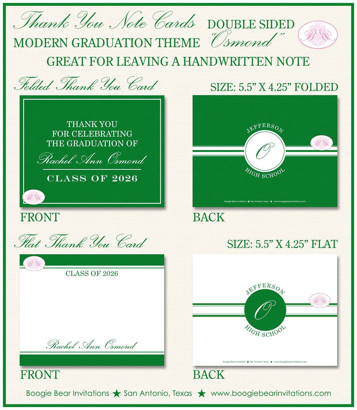 Modern Graduation Thank You Card High School College Note Green White 2022 2023 2024 2025 2026 Boogie Bear Invitations Osmond Theme Printed