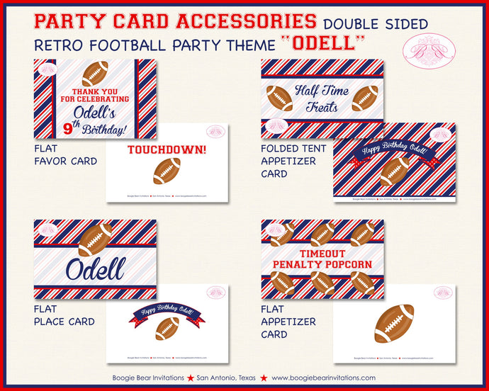 Football Birthday Party Favor Card Tent Appetizer Place Favor Sports Quarterback Game Red Blue Boogie Bear Invitations Odell Theme Printed