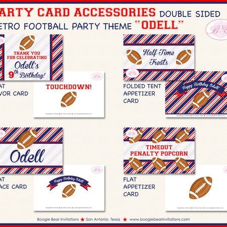 Football Birthday Party Favor Card Tent Appetizer Place Favor Sports Quarterback Game Red Blue Boogie Bear Invitations Odell Theme Printed