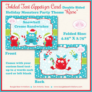 Christmas Monsters Birthday Party Favor Card Appetizer Food Tag Folded Tent Winter Snow Red Blue Boogie Bear Invitations Reese Theme Printed