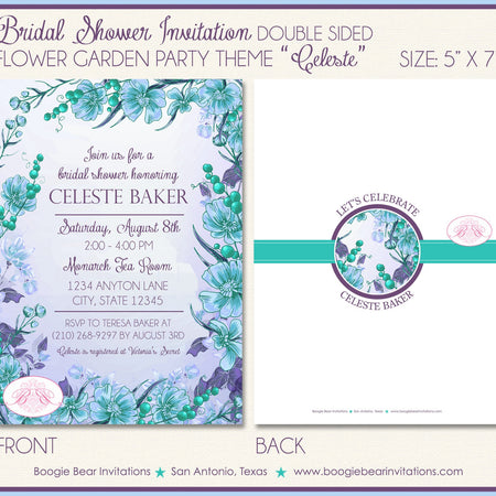 Lavender Flower Garden Bridal Shower Invitation Floral Blue Purple Green Boogie Bear Invitations Celeste Theme Paperless Printable Printed