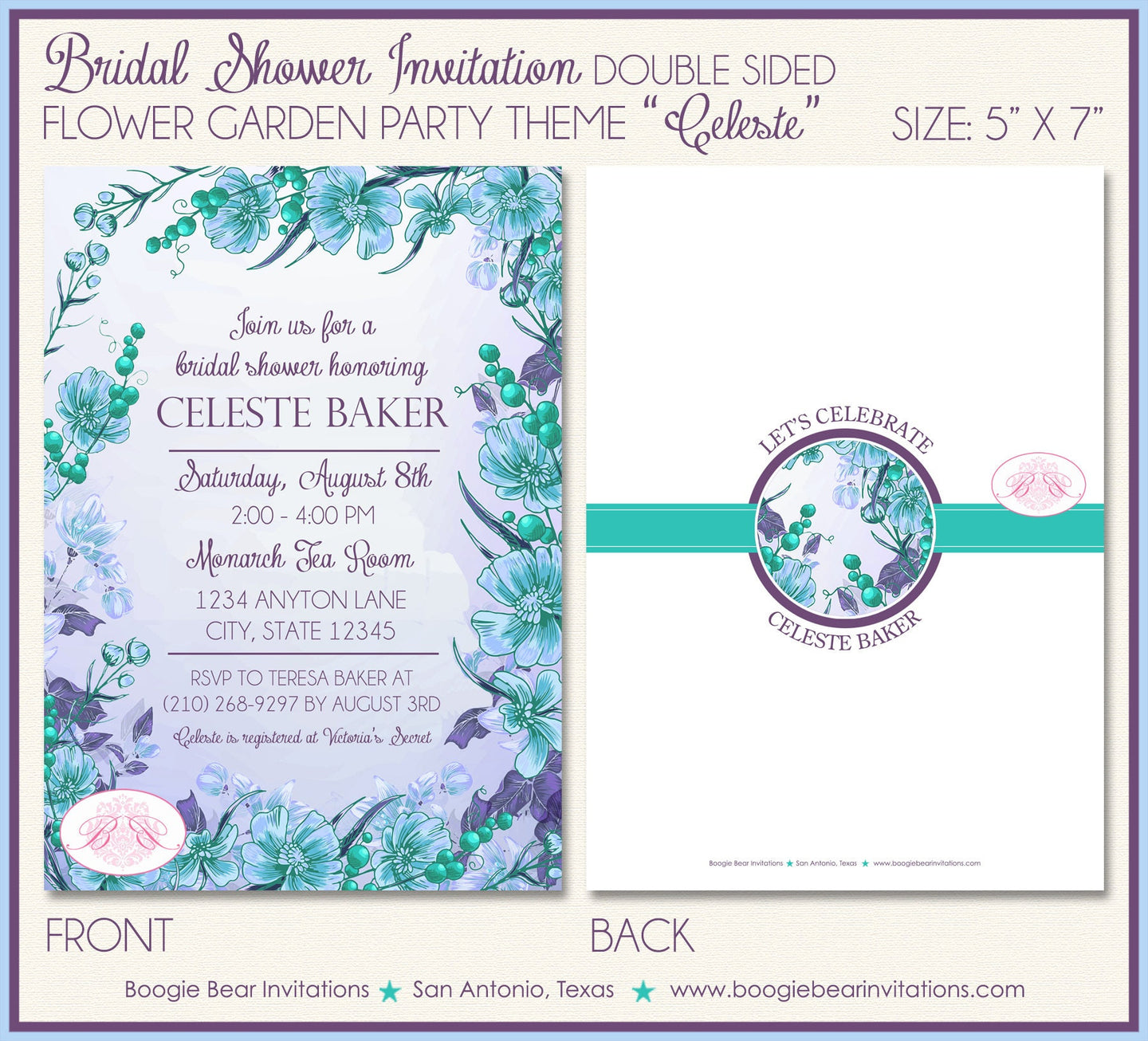 Lavender Flower Garden Bridal Shower Invitation Floral Blue Purple Green Boogie Bear Invitations Celeste Theme Paperless Printable Printed
