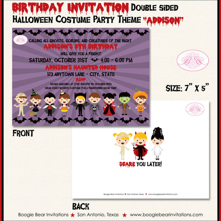 Halloween Birthday Party Invitation Costume Boy Girl Kids Bat Trick Treat Boogie Bear Invitations Addison Theme Paperless Printable Printed