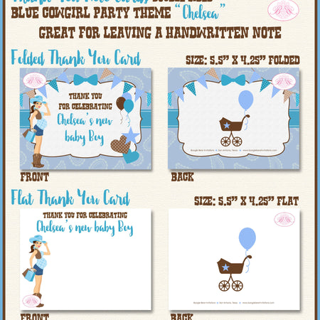 Cowgirl Blue Party Thank You Card Favor Note Baby Shower Boy Modern Chic Country Brown Farm Boogie Bear Invitations Chelsea Theme Printed