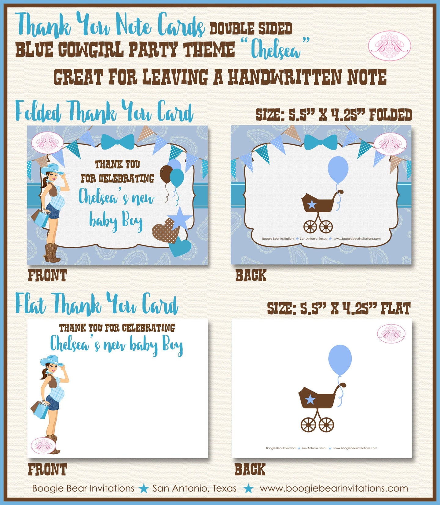 Cowgirl Blue Party Thank You Card Favor Note Baby Shower Boy Modern Chic Country Brown Farm Boogie Bear Invitations Chelsea Theme Printed