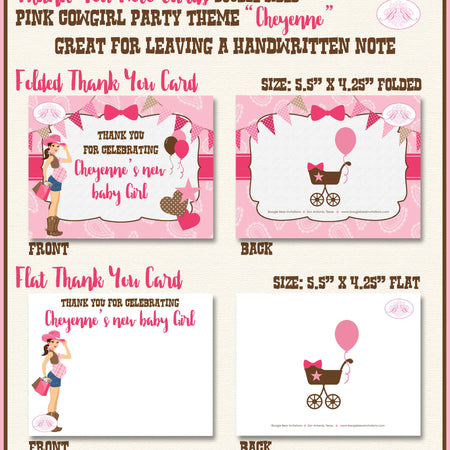 Cowgirl Pink Party Thank You Card Favor Note Baby Shower Girl Modern Chic Country Brown Farm Boogie Bear Invitations Cheyenne Theme Printed