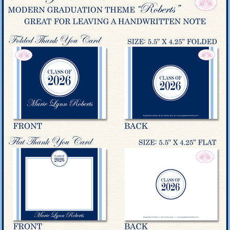 Modern Navy Blue Graduation Thank You Cards Note High School College Light Sky Stripe Boy Girl Boogie Bear Invitations Roberts Theme Printed