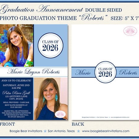 Modern Photo Graduation Announcement Party Boy Girl Navy Blue Light Sky Boogie Bear Invitations Roberts Theme Paperless Printable Printed