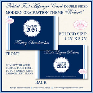Modern Navy Blue Graduation Party Favor Card Tent Place Food Appetizer High School College Boy Girl Boogie Bear Invitations Roberts Theme