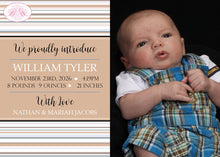 Load image into Gallery viewer, Gender Neutral Photo Birth Announcement Brown Baby Girl Stripe Tan Black Boogie Bear Invitations William Theme Paperless Printable Printed