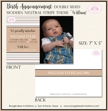 Load image into Gallery viewer, Gender Neutral Photo Birth Announcement Brown Baby Girl Stripe Tan Black Boogie Bear Invitations William Theme Paperless Printable Printed