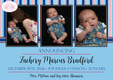 Load image into Gallery viewer, Navy Blue Boy Photo Birth Announcement Baby Nautical Stripe 3 Pictures 1st Boogie Bear Invitations Zachery Theme Paperless Printable Printed