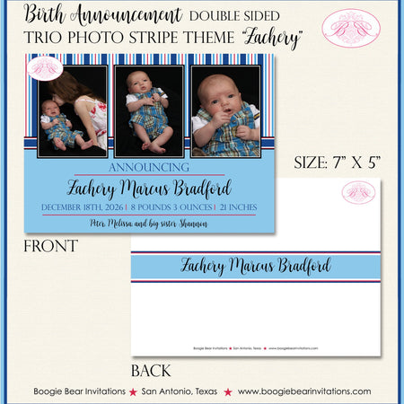 Navy Blue Boy Photo Birth Announcement Baby Nautical Stripe 3 Pictures 1st Boogie Bear Invitations Zachery Theme Paperless Printable Printed