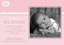 Load image into Gallery viewer, Pink Girl Photo Birth Announcement Damask Light Baby Elegant Scallop White Boogie Bear Invitations Jill Theme Paperless Printable Printed