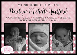 Trio Photo Pink Girl Birth Announcement Modern Ribbon Soft Black White 3 Photo Boogie Bear Invitations Penelope Paperless Printable Printed