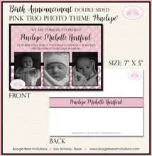 Load image into Gallery viewer, Trio Photo Pink Girl Birth Announcement Modern Ribbon Soft Black White 3 Photo Boogie Bear Invitations Penelope Paperless Printable Printed