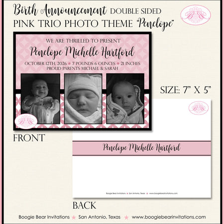 Trio Photo Pink Girl Birth Announcement Modern Ribbon Soft Black White 3 Photo Boogie Bear Invitations Penelope Paperless Printable Printed
