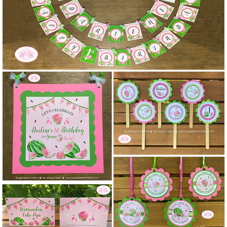 Pink Watermelon Birthday Party Package Green One Melon Two Sweet Fruit Summer Girl Picnic Dessert Boogie Bear Invitations Darlene Theme