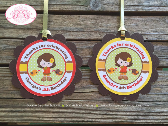 Harvest Girl Birthday Party Favor Tags Autumn Fall Pumpkin Picking Retro Red Barn Farm Country Boogie Bear Invitations Georgia Theme Printed