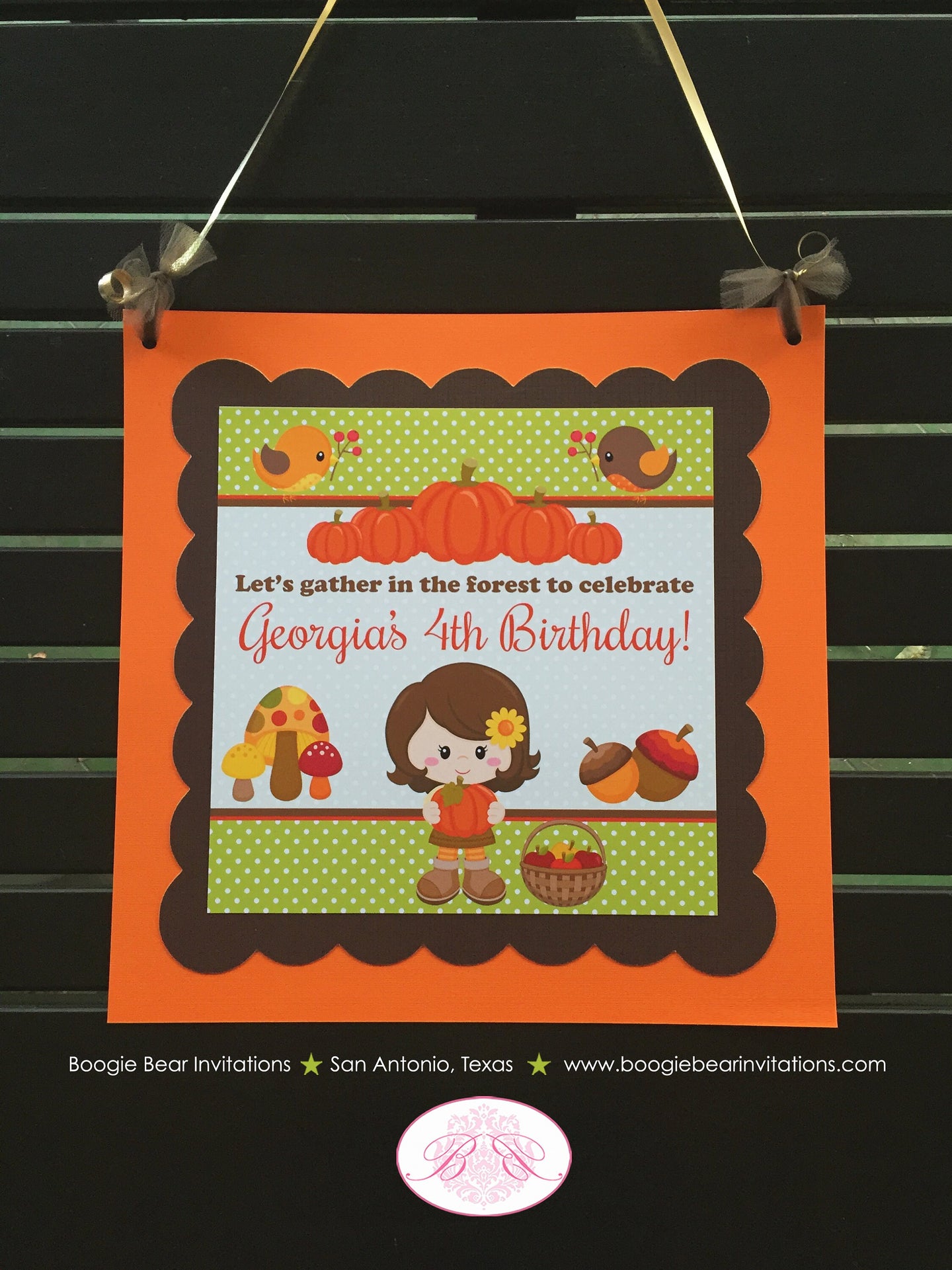 Autumn Harvest Girl Birthday Door Banner Party Fall Pumpkin Woodland Thanksgiving Farm Barn Country Boogie Bear Invitations Georgia Theme