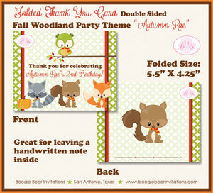 Fall Woodland Animals Party Thank You Card Note Birthday Owl Squirrel Forest Pumpkin Garden Boogie Bear Invitations Autumn Rae Theme Printed