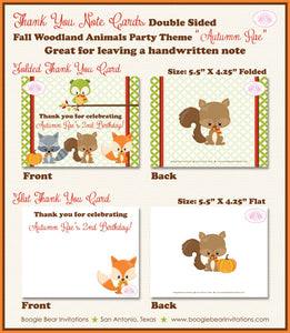 Fall Woodland Animals Party Thank You Card Note Birthday Owl Squirrel Forest Pumpkin Garden Boogie Bear Invitations Autumn Rae Theme Printed