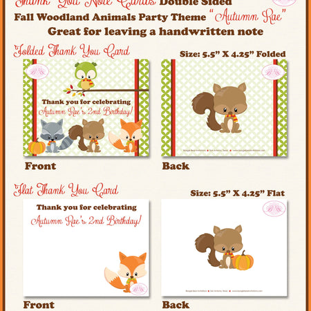 Fall Woodland Animals Party Thank You Card Note Birthday Owl Squirrel Forest Pumpkin Garden Boogie Bear Invitations Autumn Rae Theme Printed