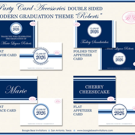 Modern Navy Blue Graduation Party Favor Card Tent Place Food Appetizer High School College Boy Girl Boogie Bear Invitations Roberts Theme