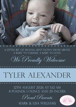 Load image into Gallery viewer, Modern Boy Photo Birth Announcement Grey Steel Blue Stripe Ribbon Baby 1st Boogie Bear Invitations Tyler Theme Paperless Printable Printed