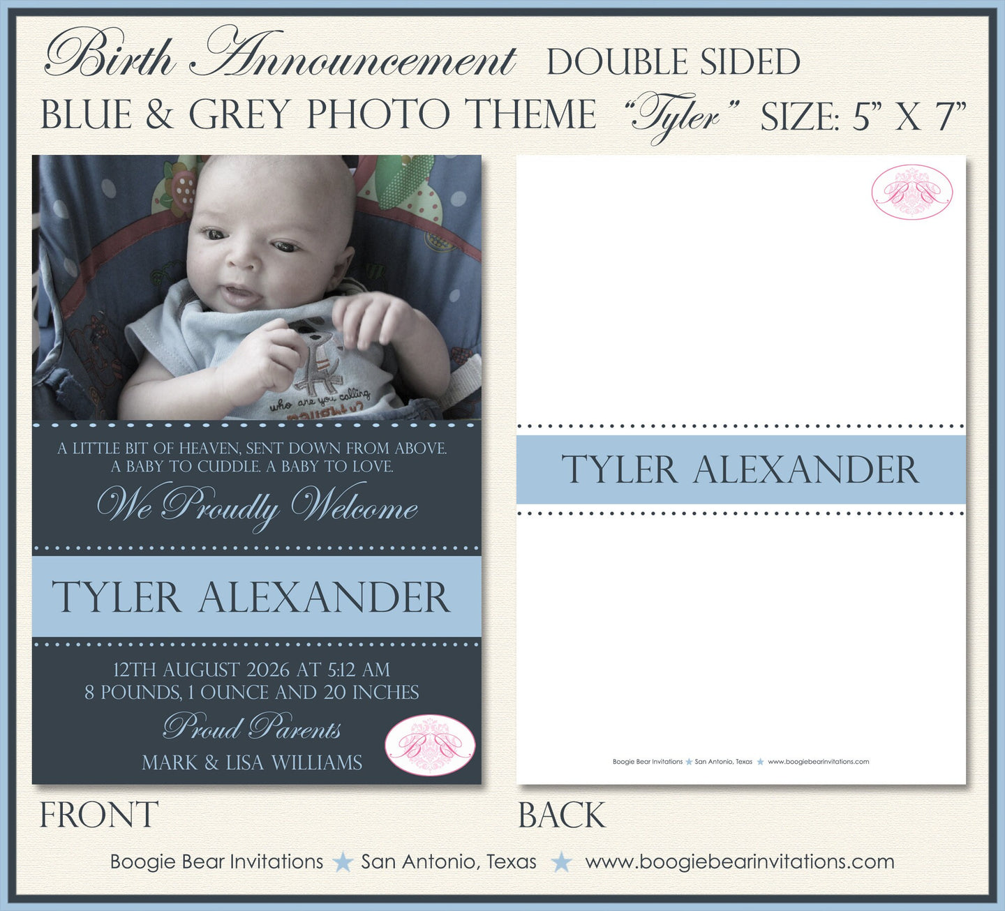 Modern Boy Photo Birth Announcement Grey Steel Blue Stripe Ribbon Baby 1st Boogie Bear Invitations Tyler Theme Paperless Printable Printed