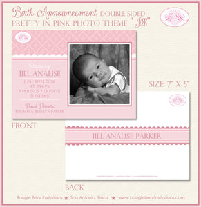 Pink Girl Photo Birth Announcement Damask Light Baby Elegant Scallop White Boogie Bear Invitations Jill Theme Paperless Printable Printed