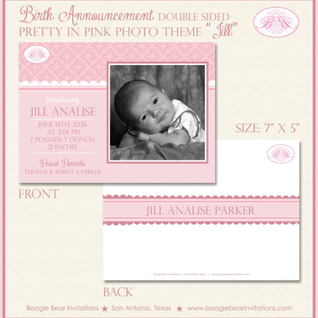 Pink Girl Photo Birth Announcement Damask Light Baby Elegant Scallop White Boogie Bear Invitations Jill Theme Paperless Printable Printed