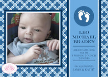 Load image into Gallery viewer, Blue Footprints Photo Birth Announcement Boy Ribbon Party Name Wallpaper 1st Boogie Bear Invitations Leo Theme Paperless Printable Printed